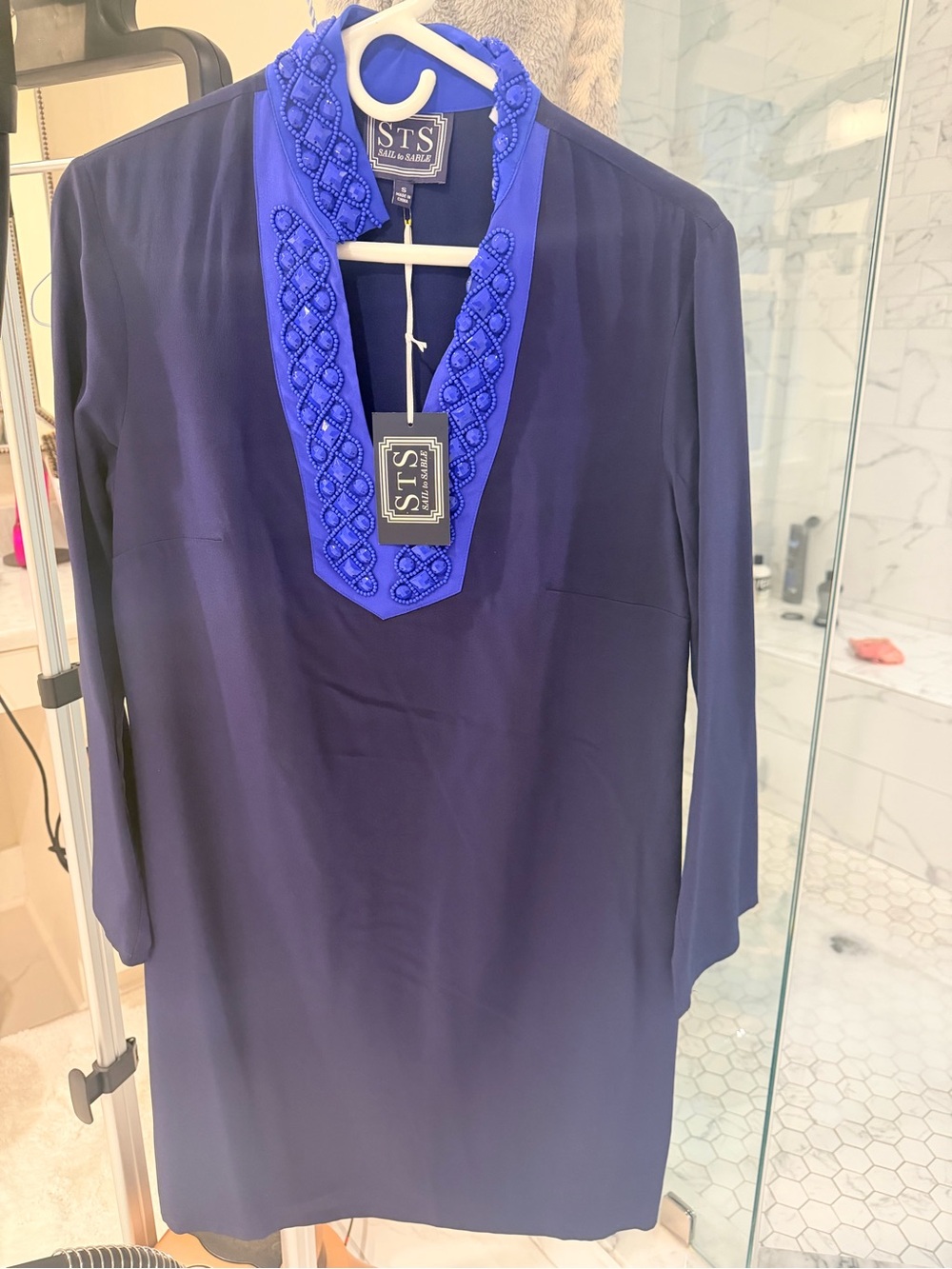 Sail to Sable Navy Dress with Royal Blue Beaded V-Neck